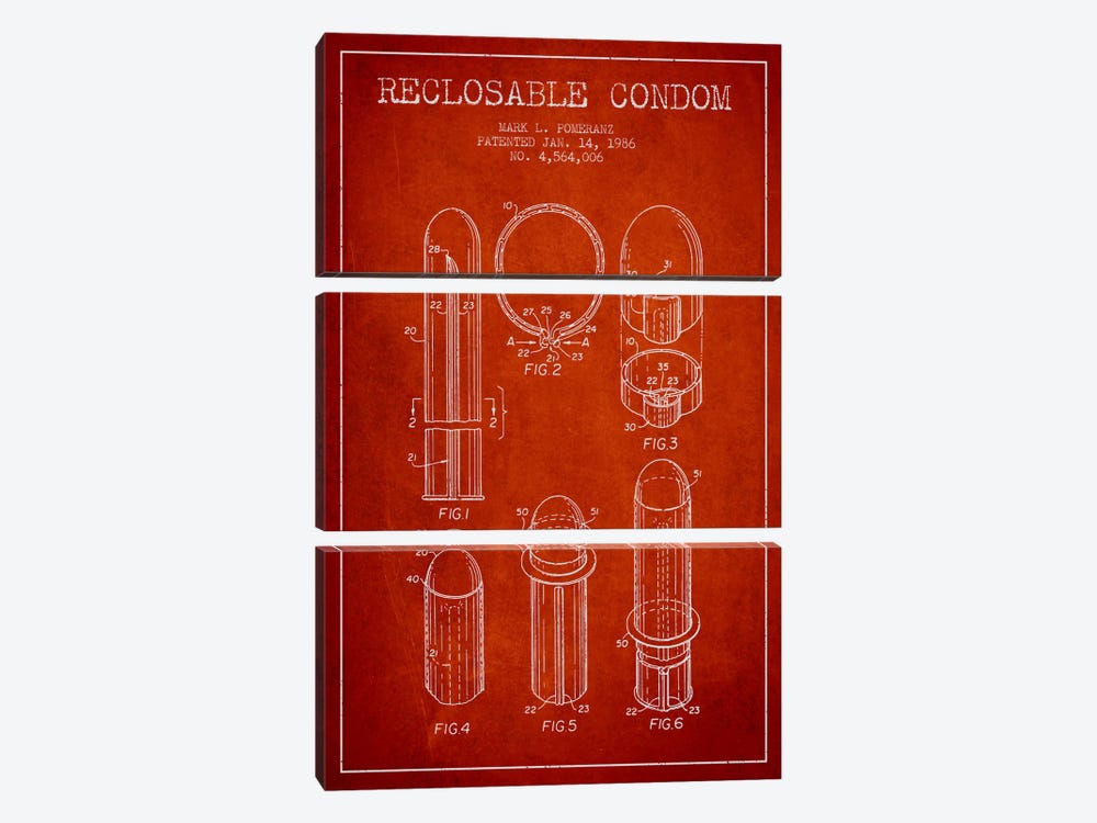 Reclosable Condom Red Patent Blueprint by Aged Pixel 3-piece Canvas Print