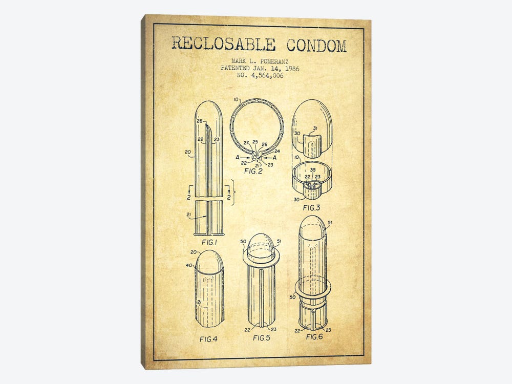Reclosable Condom Vintage Patent Blueprint by Aged Pixel 1-piece Canvas Wall Art