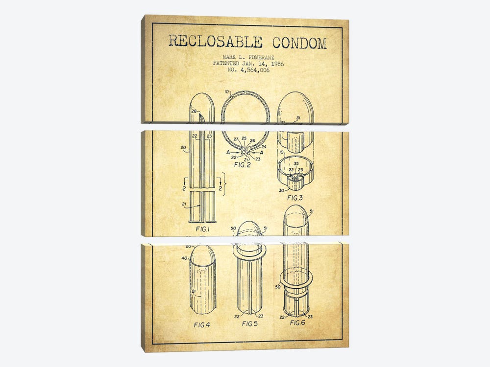 Reclosable Condom Vintage Patent Blueprint by Aged Pixel 3-piece Canvas Art