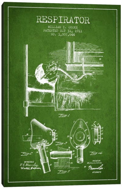 Respirator Green Patent Blueprint Canvas Art Print - Medical & Dental Blueprints