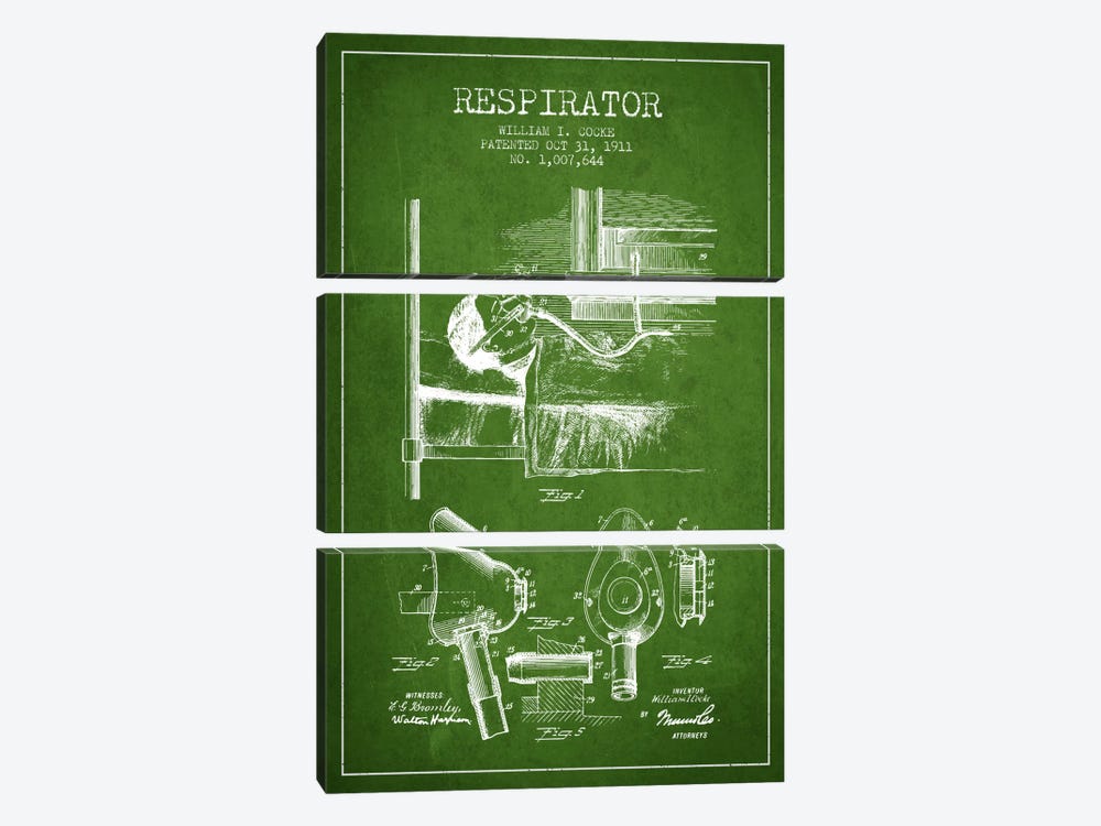 Respirator Green Patent Blueprint by Aged Pixel 3-piece Canvas Print