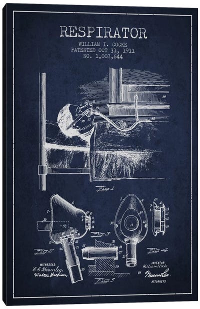 Respirator Navy Blue Patent Blueprint Canvas Art Print - Medical & Dental Blueprints