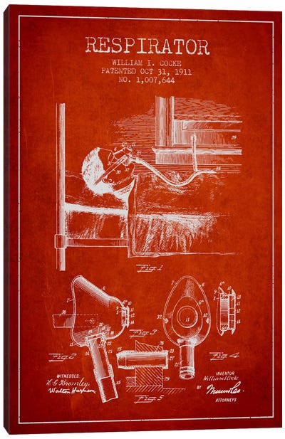 Respirator Red Patent Blueprint Canvas Art Print - Medical & Dental Blueprints