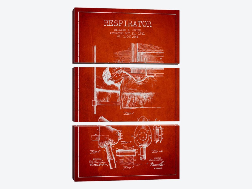 Respirator Red Patent Blueprint by Aged Pixel 3-piece Canvas Art Print