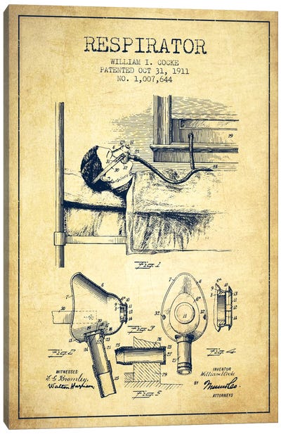 Respirator Vintage Patent Blueprint Canvas Art Print - Aged Pixel: Medical & Dental