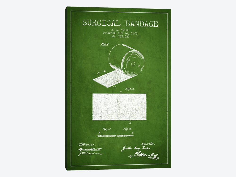 Surgical Bandage Green Patent Blueprint by Aged Pixel 1-piece Canvas Wall Art