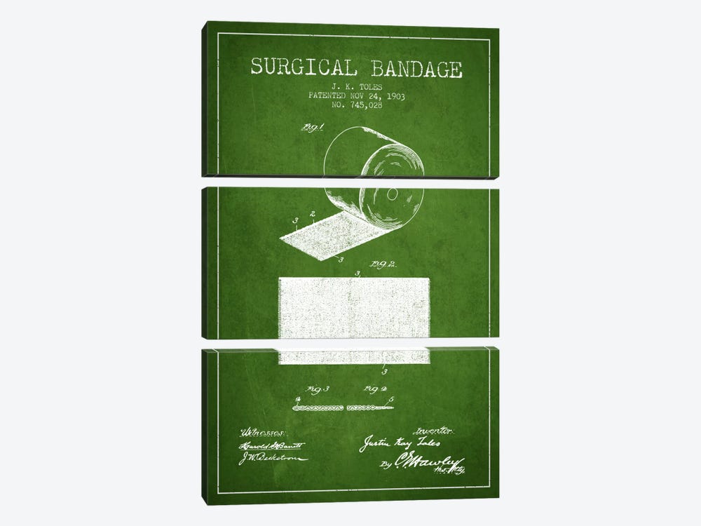 Surgical Bandage Green Patent Blueprint by Aged Pixel 3-piece Canvas Wall Art