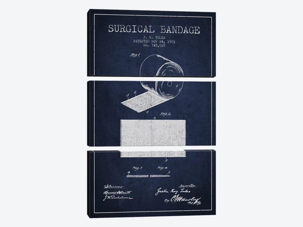 Surgical Bandage Navy Blue Patent Blueprint by Aged Pixel 3-piece Canvas Art Print