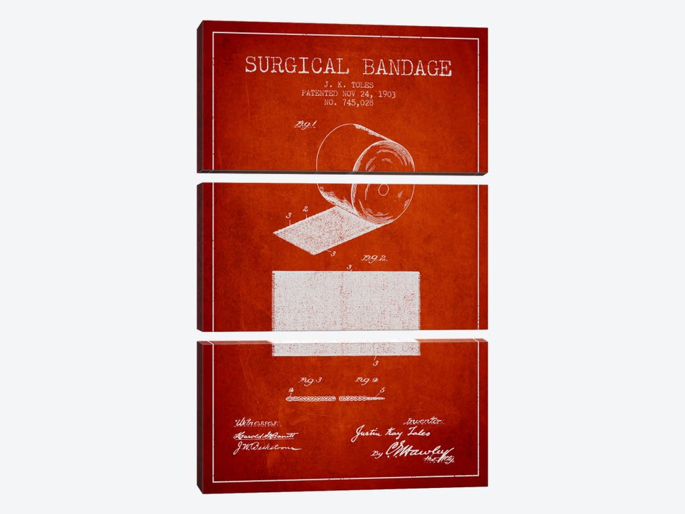 Surgical Bandage Red Patent Blueprint by Aged Pixel 3-piece Canvas Wall Art