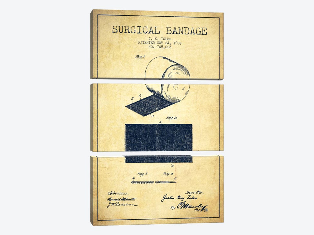Surgical Bandage Vintage Patent Blueprint by Aged Pixel 3-piece Canvas Art Print