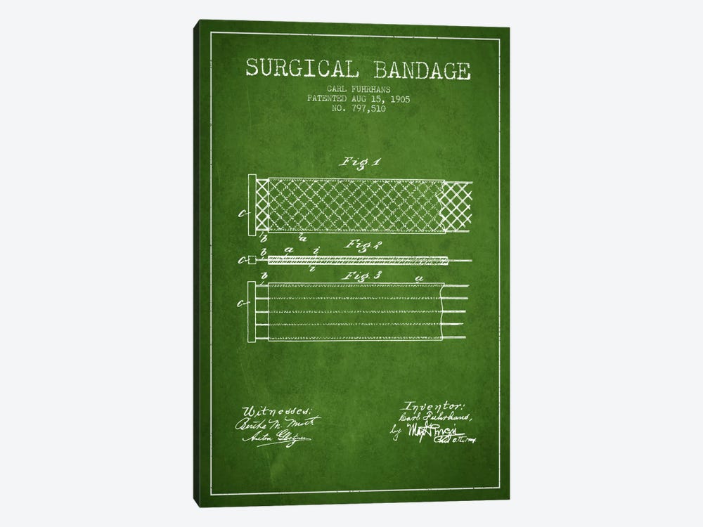 Surgical Bandage 2 Green Patent Blueprint by Aged Pixel 1-piece Canvas Print