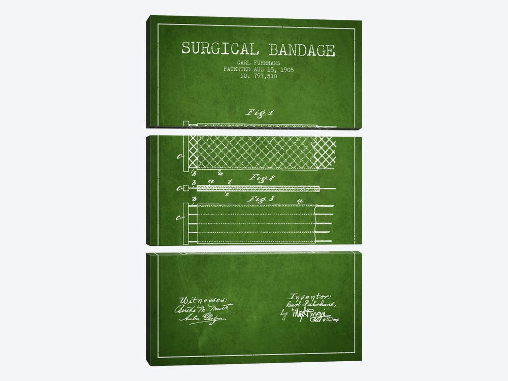 Surgical Bandage 2 Green Patent Blueprint by Aged Pixel 3-piece Canvas Art Print