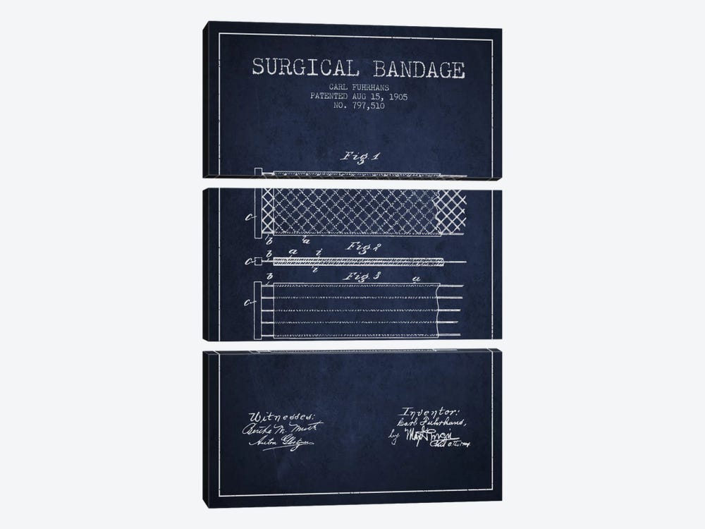 Surgical Bandage 2 Navy Blue Patent Blueprint by Aged Pixel 3-piece Canvas Artwork