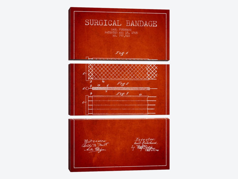 Surgical Bandage 2 Red Patent Blueprint by Aged Pixel 3-piece Canvas Print