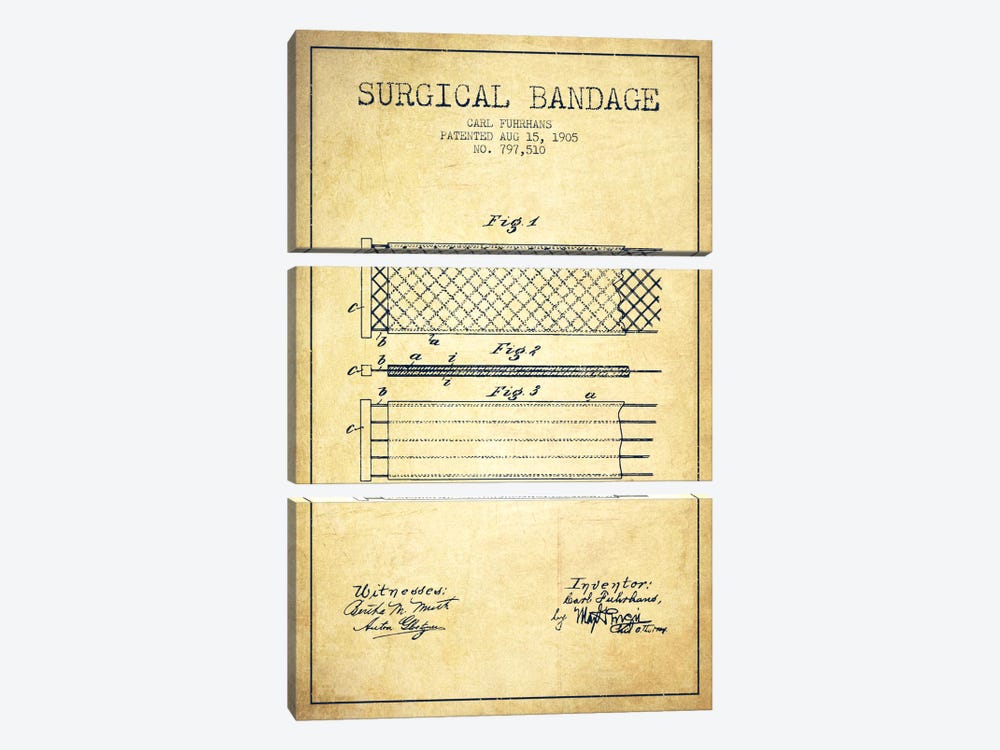 Surgical Bandage 2 Vintage Patent Blueprint by Aged Pixel 3-piece Canvas Wall Art