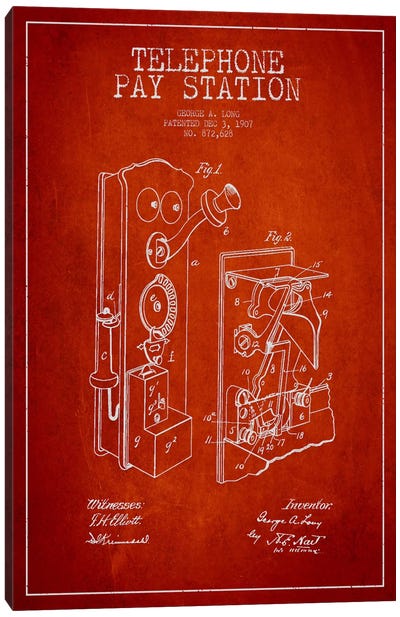 Long Telephone Red Patent Blueprint Canvas Art Print - Electronics & Communication Blueprints
