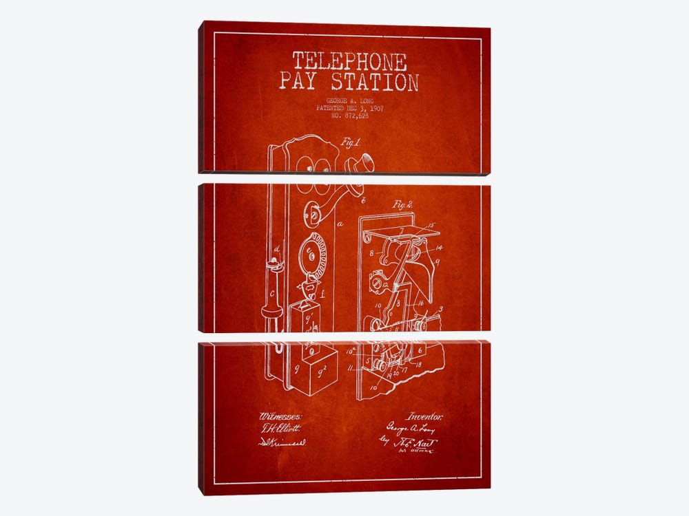 Long Telephone Red Patent Blueprint by Aged Pixel 3-piece Canvas Art Print