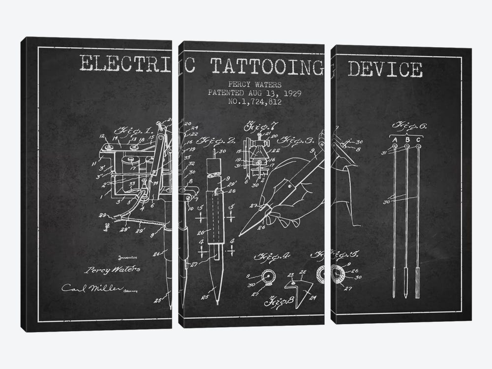 Tattoo Device Charcoal Patent Blueprint by Aged Pixel 3-piece Canvas Art