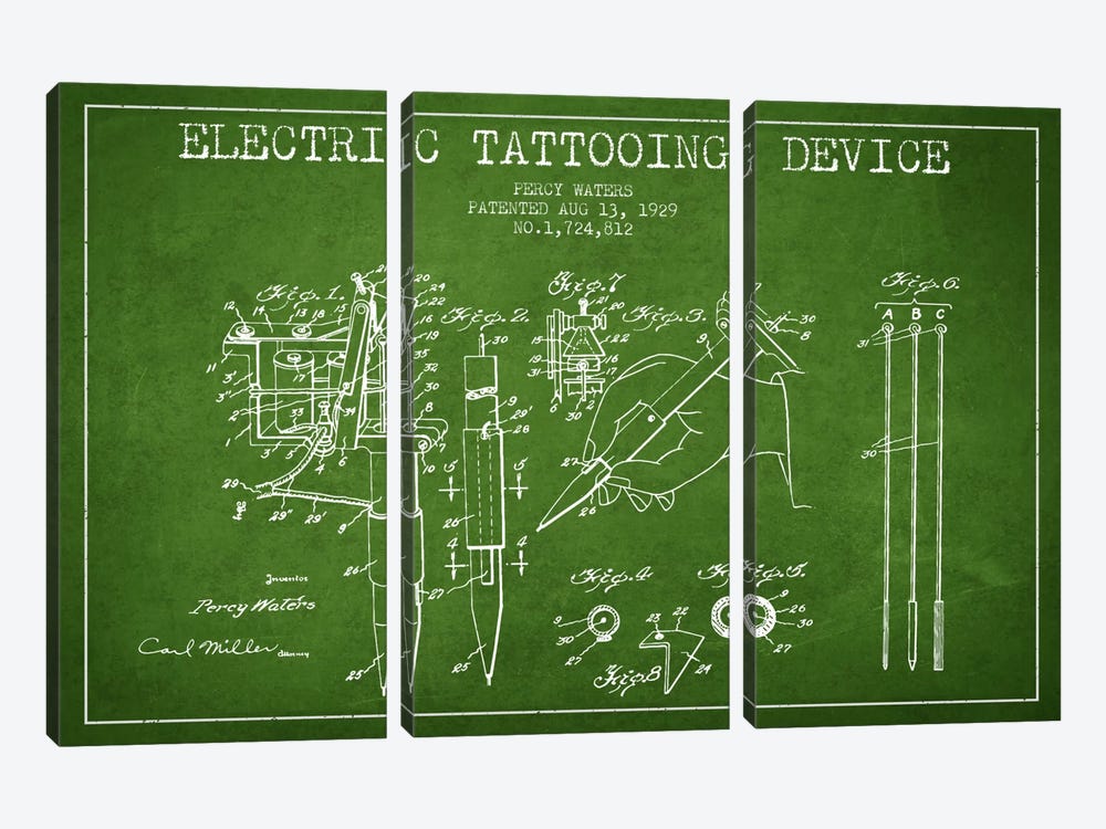 Tattoo Device Green Patent Blueprint by Aged Pixel 3-piece Canvas Art Print