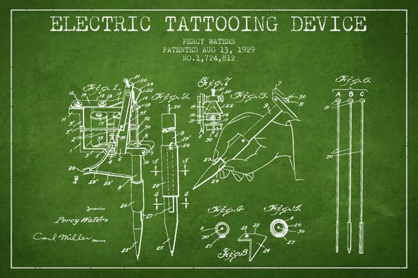 Medical & Dental Blueprints: Tattoo Device Green Patent Blueprint by Aged Pixel