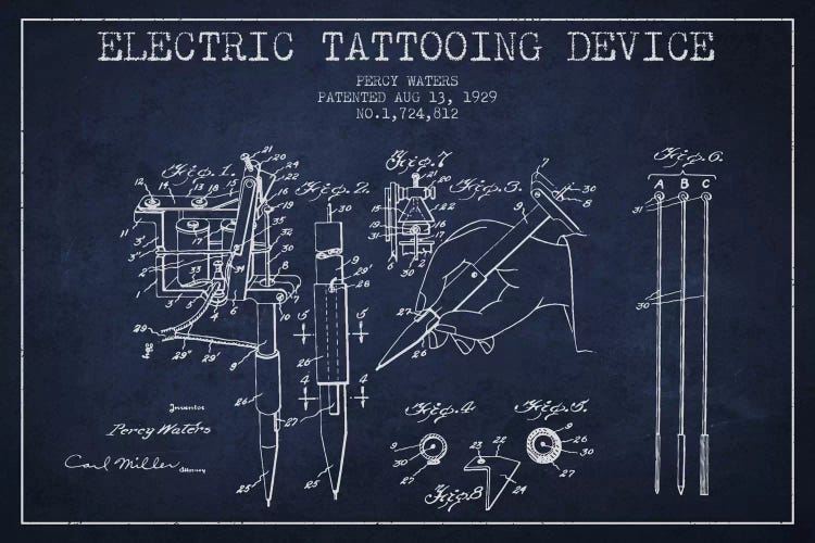 Tattoo Device Navy Blue Patent Blueprint by Aged Pixel wall art