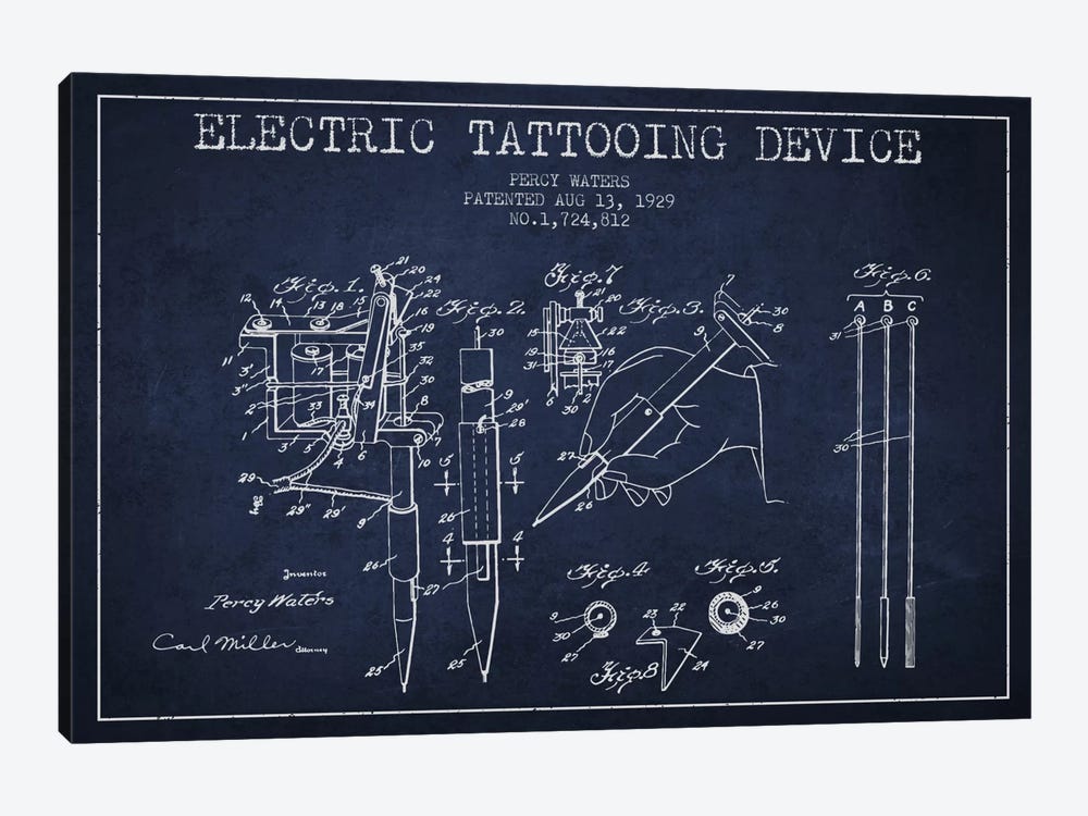 Tattoo Device Navy Blue Patent Blueprint by Aged Pixel 1-piece Canvas Art