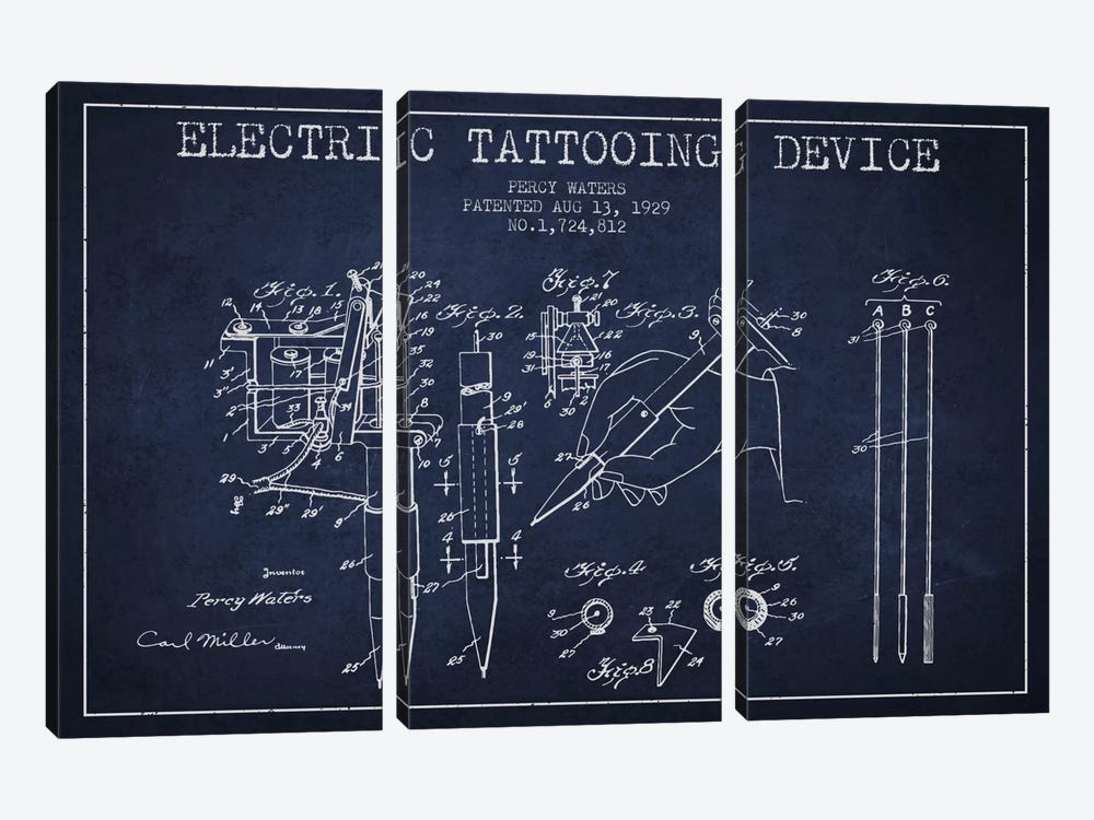 Tattoo Device Navy Blue Patent Blueprint by Aged Pixel 3-piece Canvas Art