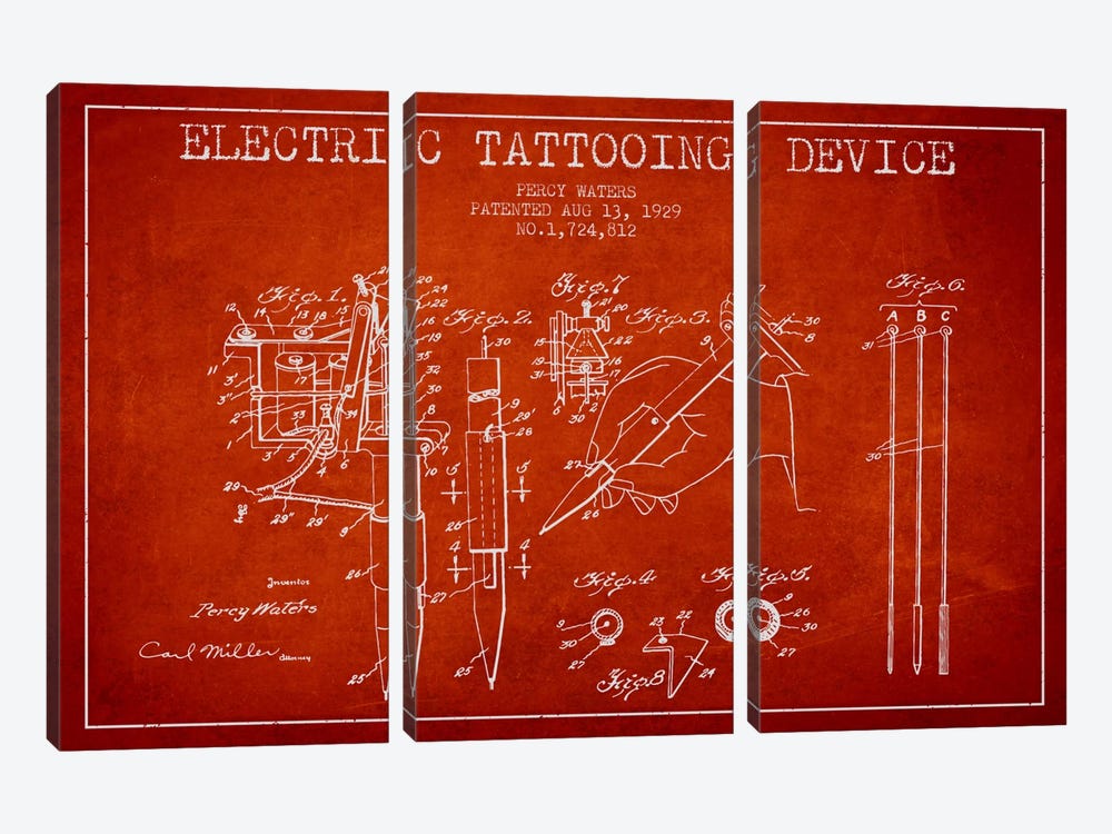 Tattoo Device Red Patent Blueprint by Aged Pixel 3-piece Canvas Art Print