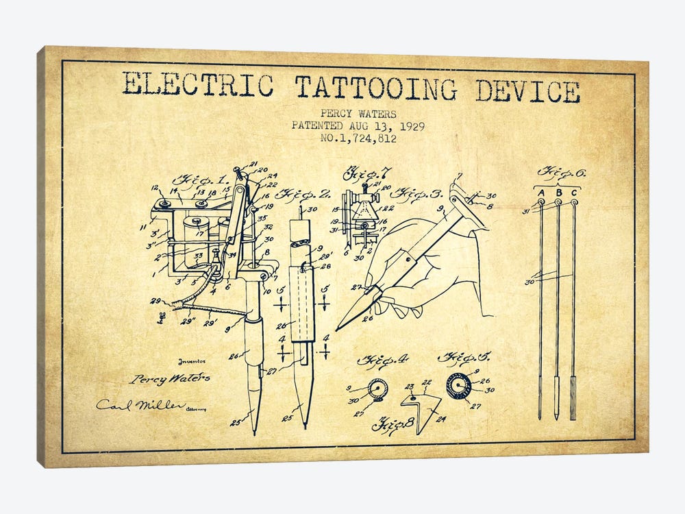 Tattoo Device Vintage Patent Blueprint by Aged Pixel 1-piece Canvas Artwork