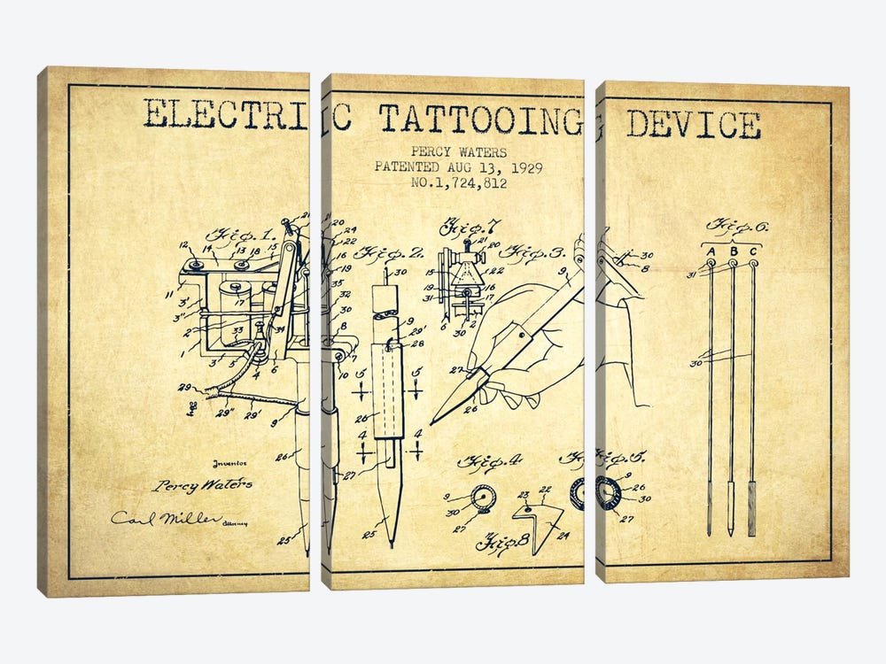 Tattoo Device Vintage Patent Blueprint by Aged Pixel 3-piece Canvas Wall Art