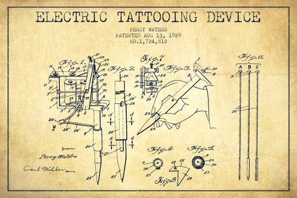 Aged Pixel: Tattoo Device Vintage Patent Blueprint by Aged Pixel