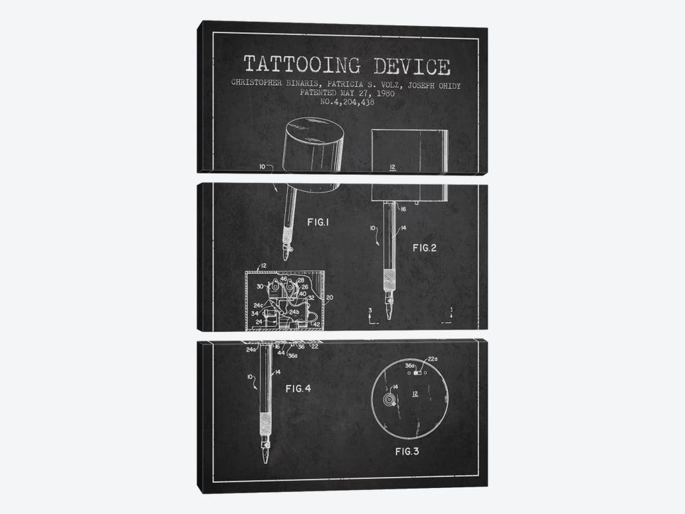 Tattoo Device Charcoal Patent Blueprint by Aged Pixel 3-piece Canvas Print