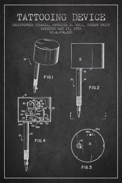 Medical & Dental Blueprints: Tattoo Device Charcoal Patent Blueprint by Aged Pixel