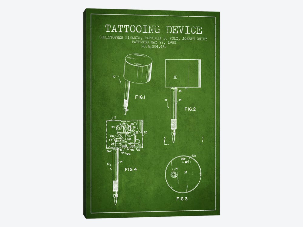 Tattoo Device 2 Green Patent Blueprint by Aged Pixel 1-piece Canvas Wall Art