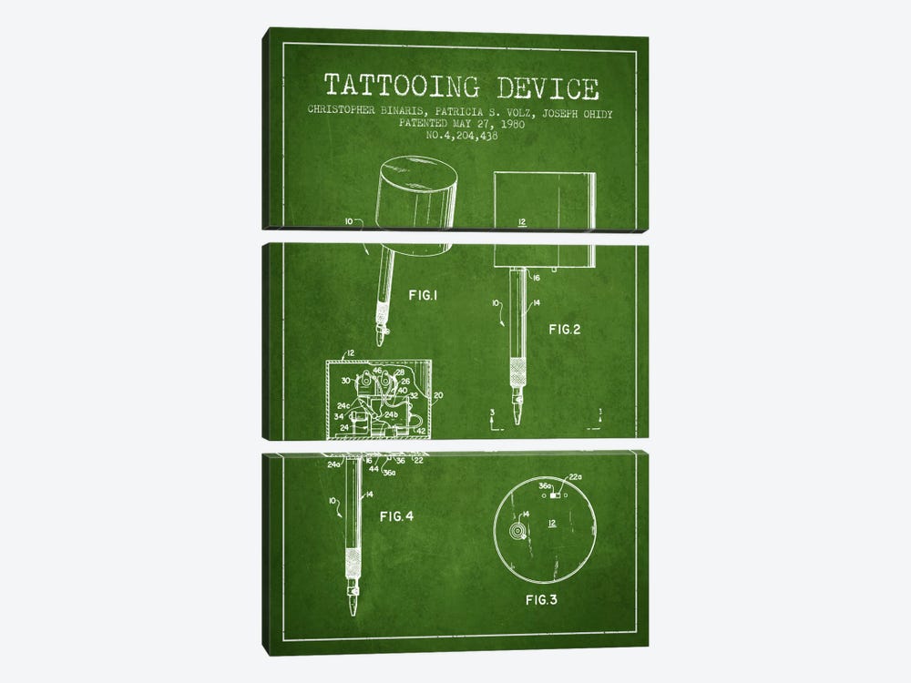 Tattoo Device 2 Green Patent Blueprint by Aged Pixel 3-piece Canvas Wall Art