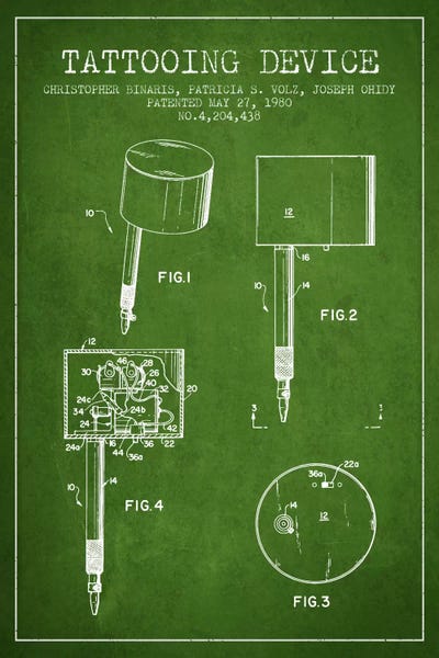 Beauty & Personal Care Blueprints: Tattoo Device 2 Green Patent Blueprint by Aged Pixel