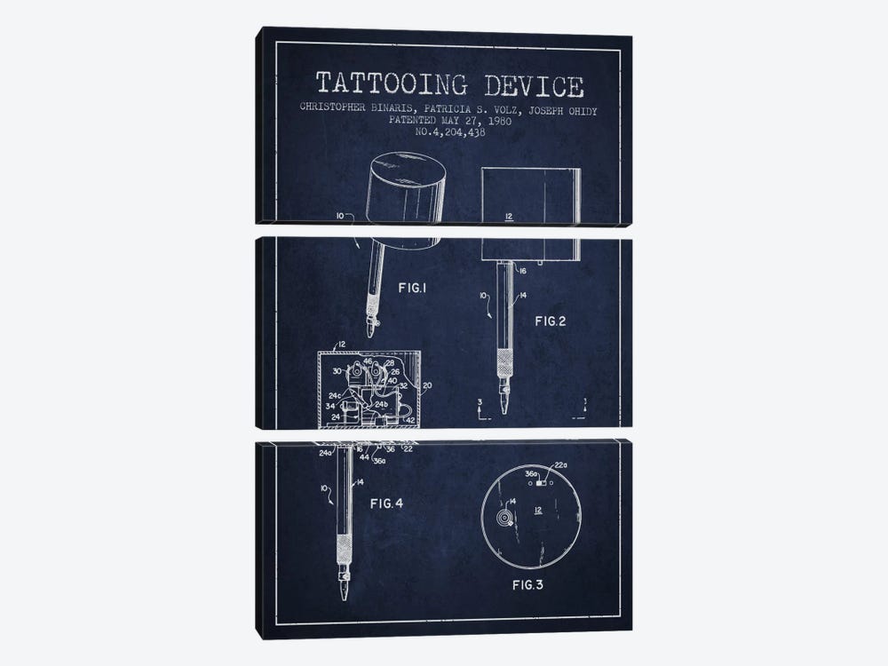 Tattoo Device 2 Navy Blue Patent Blueprint by Aged Pixel 3-piece Canvas Print
