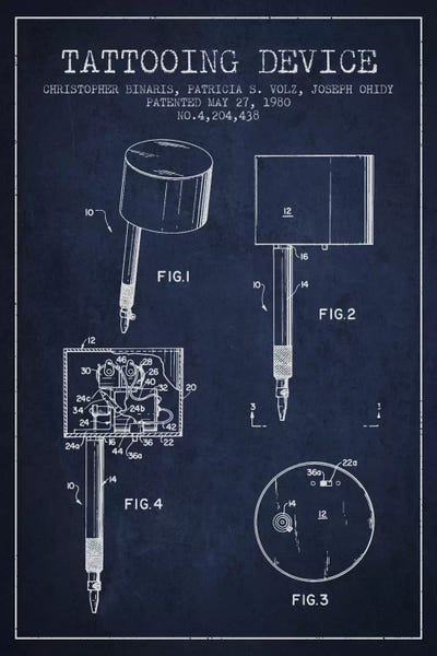 Medical & Dental Blueprints: Tattoo Device 2 Navy Blue Patent Blueprint by Aged Pixel