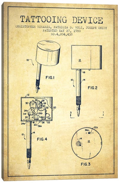 Tattoo Device 2 Vintage Patent Blueprint Canvas Art Print - Medical & Dental Blueprints