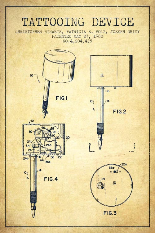 Tattoo Device 2 Vintage Patent Blueprint by Aged Pixel wall art