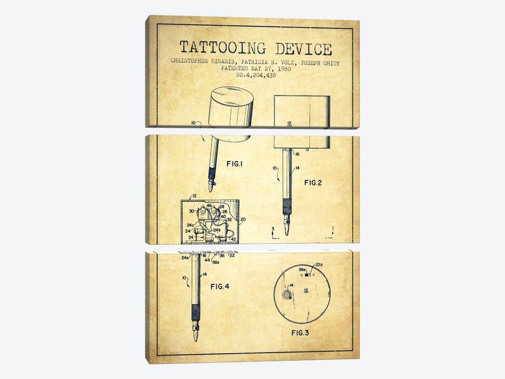 Tattoo Device 2 Vintage Patent Blueprint by Aged Pixel 3-piece Canvas Art Print