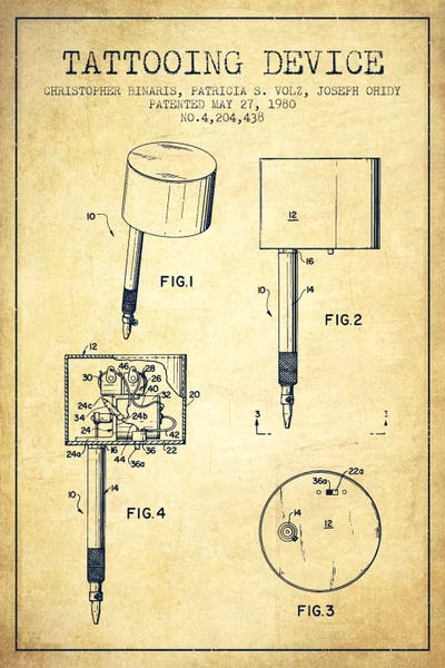 Medical & Dental Blueprints: Tattoo Device 2 Vintage Patent Blueprint by Aged Pixel
