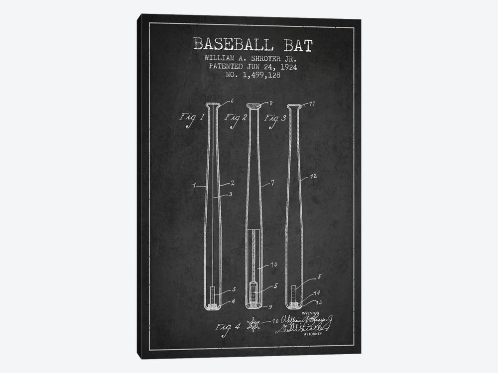 Baseball Bat Charcoal Patent Blueprint by Aged Pixel 1-piece Canvas Wall Art