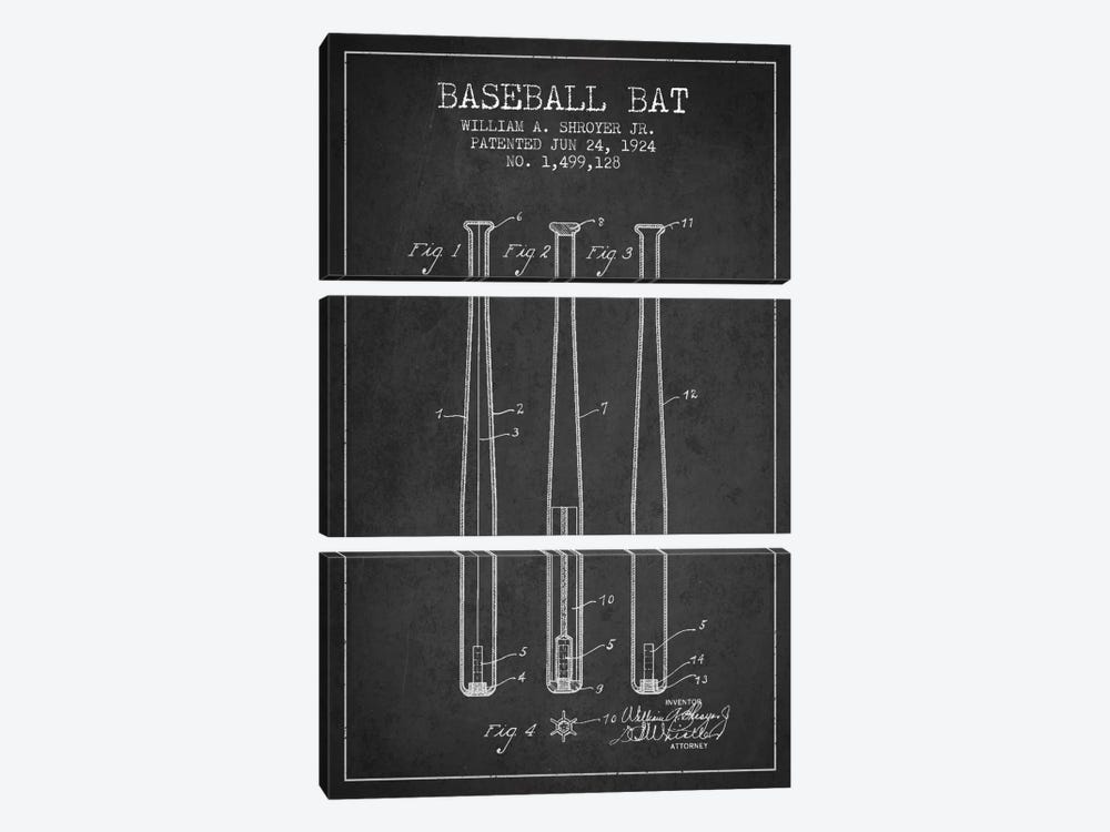 Baseball Bat Charcoal Patent Blueprint by Aged Pixel 3-piece Canvas Wall Art