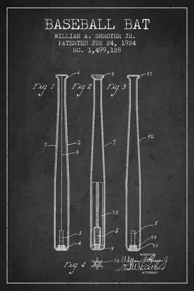 Baseball: Baseball Bat Charcoal Patent I Blueprint by Aged Pixel