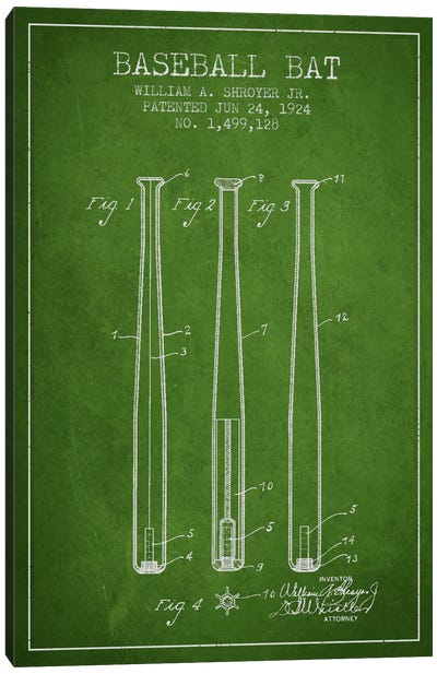 Baseball Bat Green Patent Blueprint Canvas Art Print - Green Art