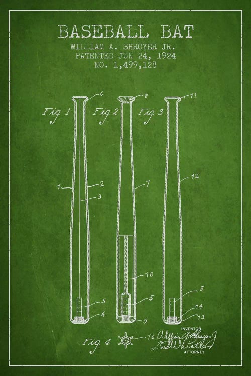 Baseball Bat Green Patent Blueprint