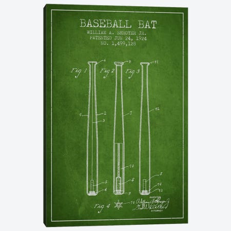 Baseball Bat Green Patent Blueprint Canvas Print #ADP2016} by Aged Pixel Canvas Artwork