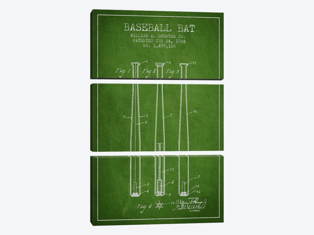 Baseball Bat Green Patent Blueprint by Aged Pixel 3-piece Art Print