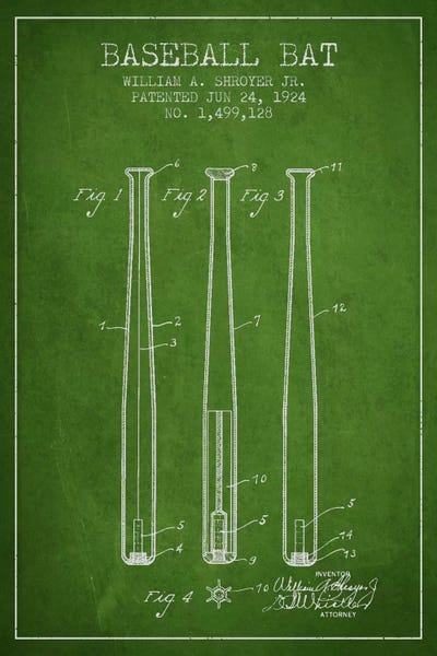 Baseball: Baseball Bat Green Patent I Blueprint by Aged Pixel